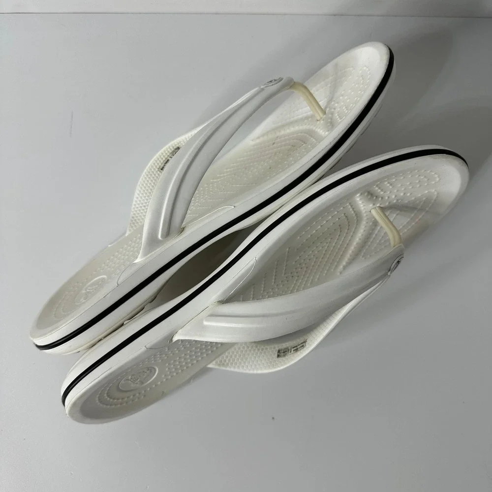 Crocs Crocband Flip Flops White Black 11033 Beach Sandals Mens 9 Womens 11